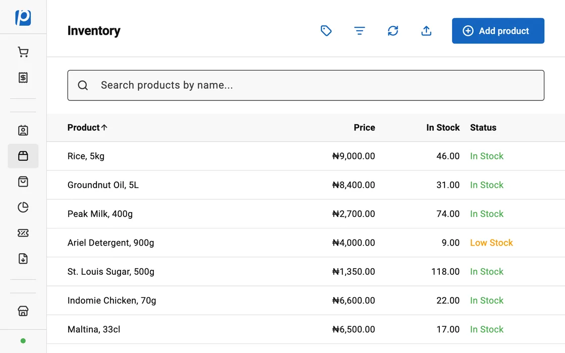 The Plainn inventory screen, listing ten products with prices, stock counts and in-stock, low-stock and out-of-stock labels